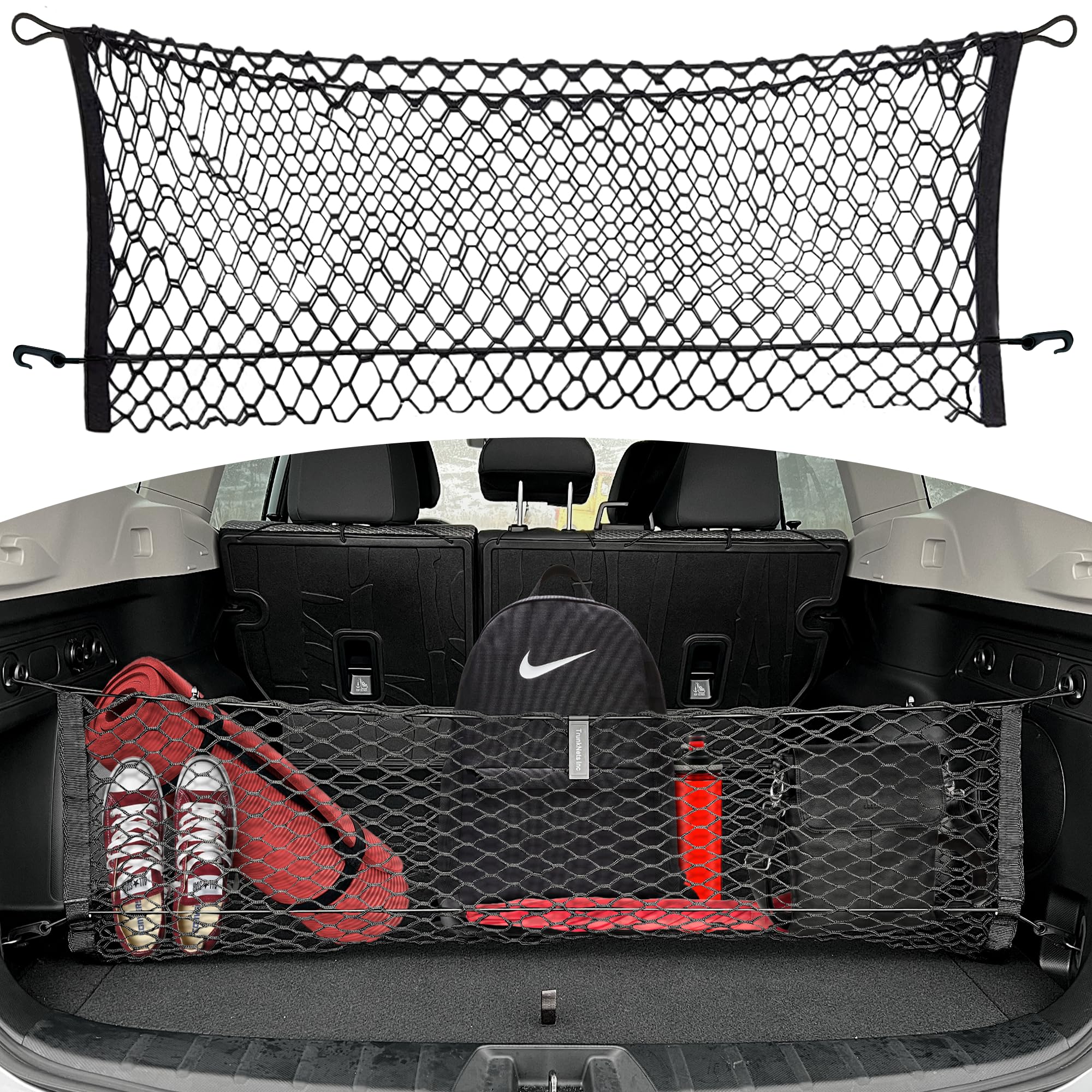 TN TrunkNets front view installed in Subaru Forester showing organized trunk