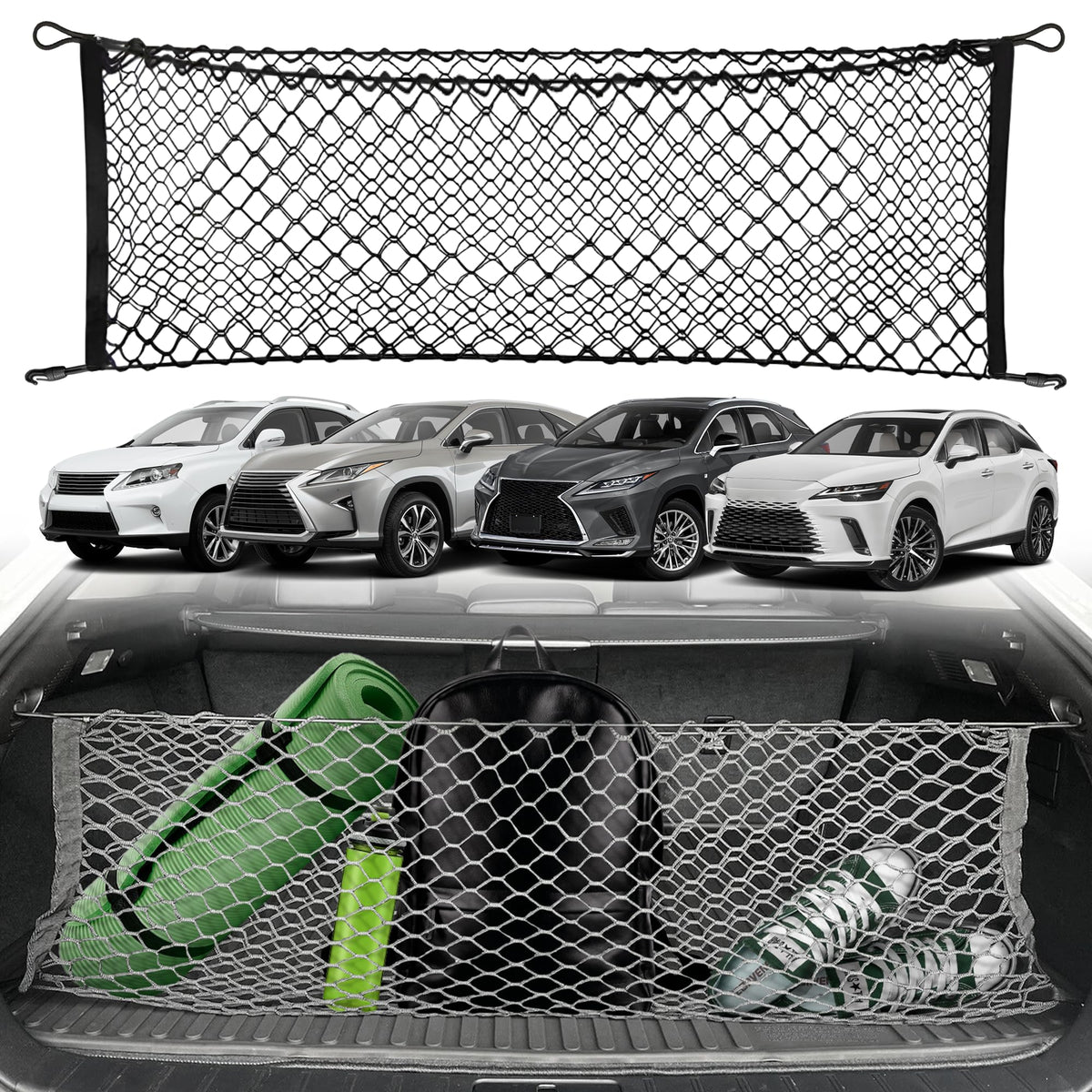 TN TrunkNets front view on Lexus RX showing full cargo coverage and tidy storage