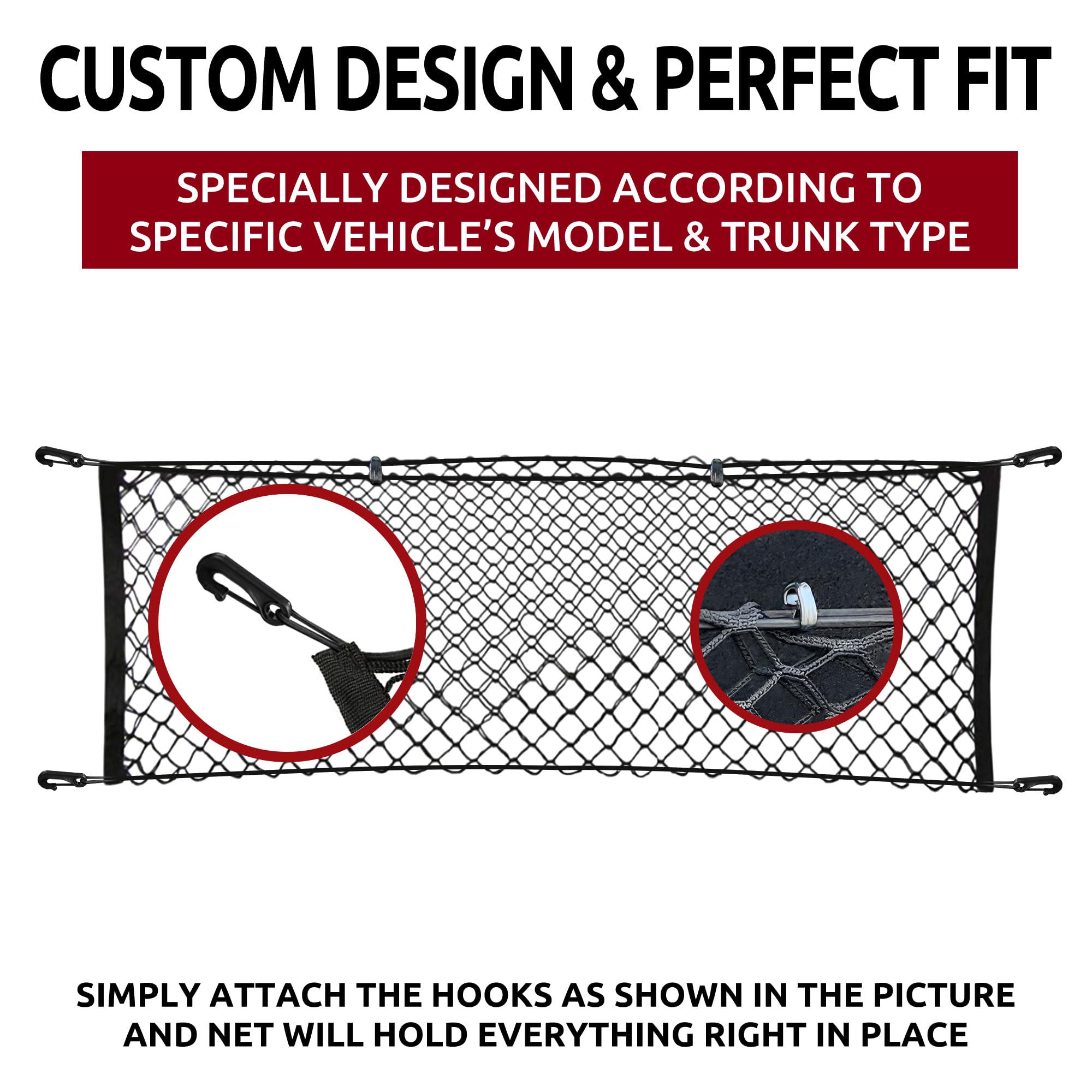 TN TrunkNets hooked to factory anchor demonstrating easy installation benefit
