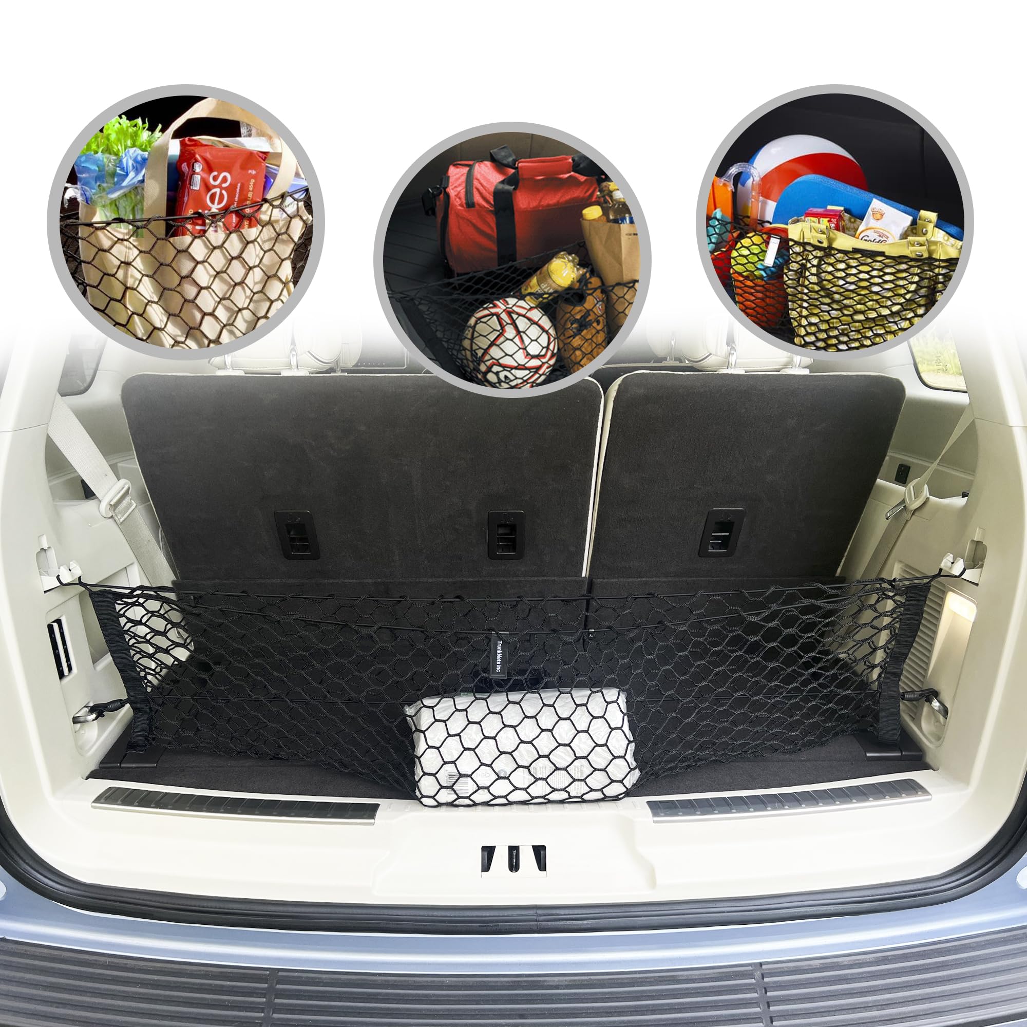 TN TrunkNets Inc front view of trunk net packaging showing compact organizer benefit