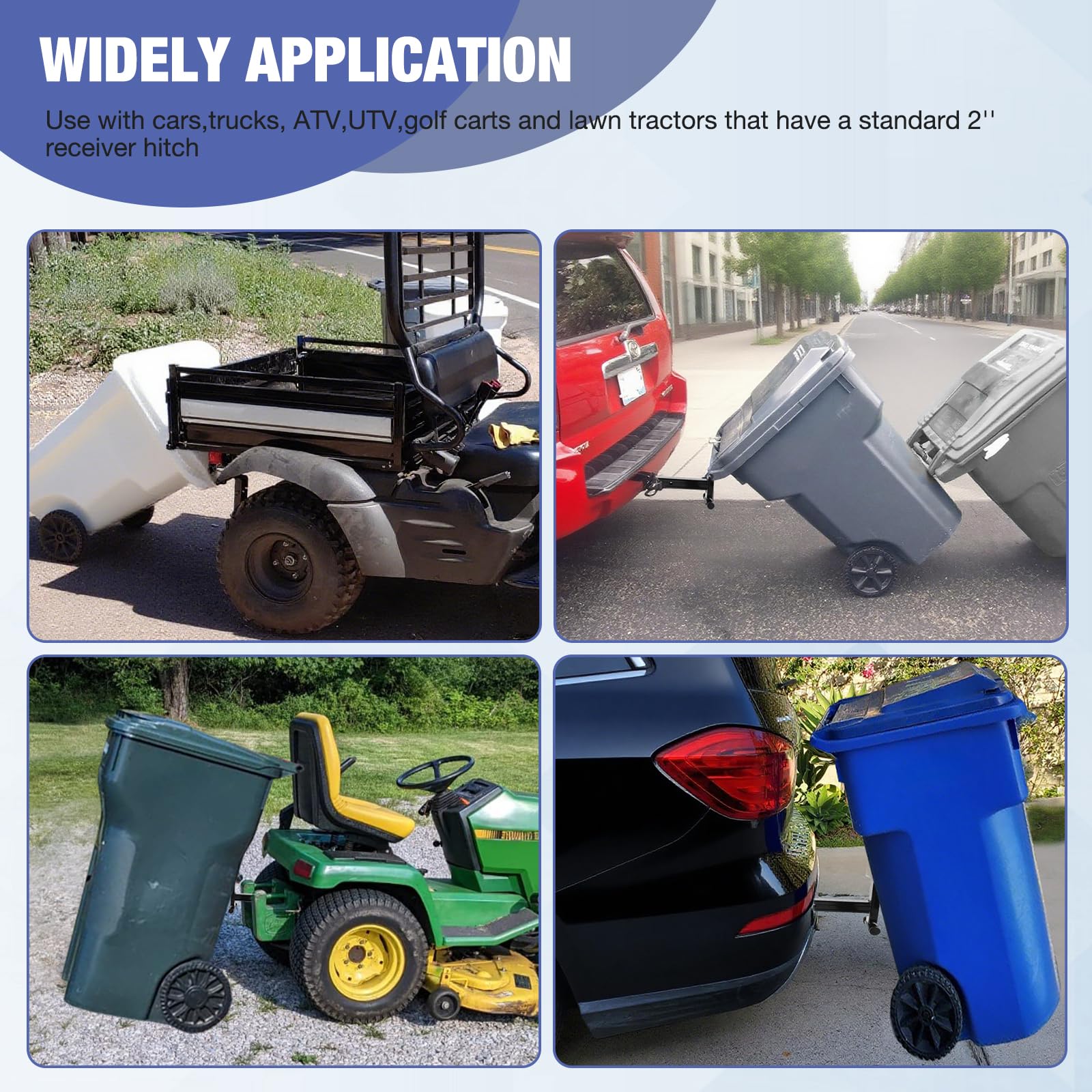 TNCZHYLX attached to a lawn tractor hauling a bin for easy yard cleanup
