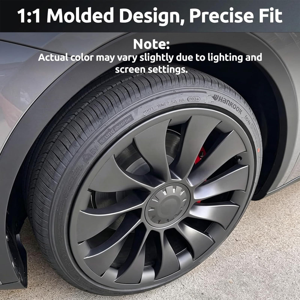TNIRV protector snapped onto Model Y Überturbine wheel illustrating instant curb-scratch coverage