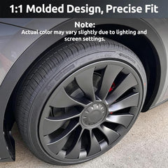 TNIRV protector snapped onto Model Y Überturbine wheel illustrating instant curb-scratch coverage