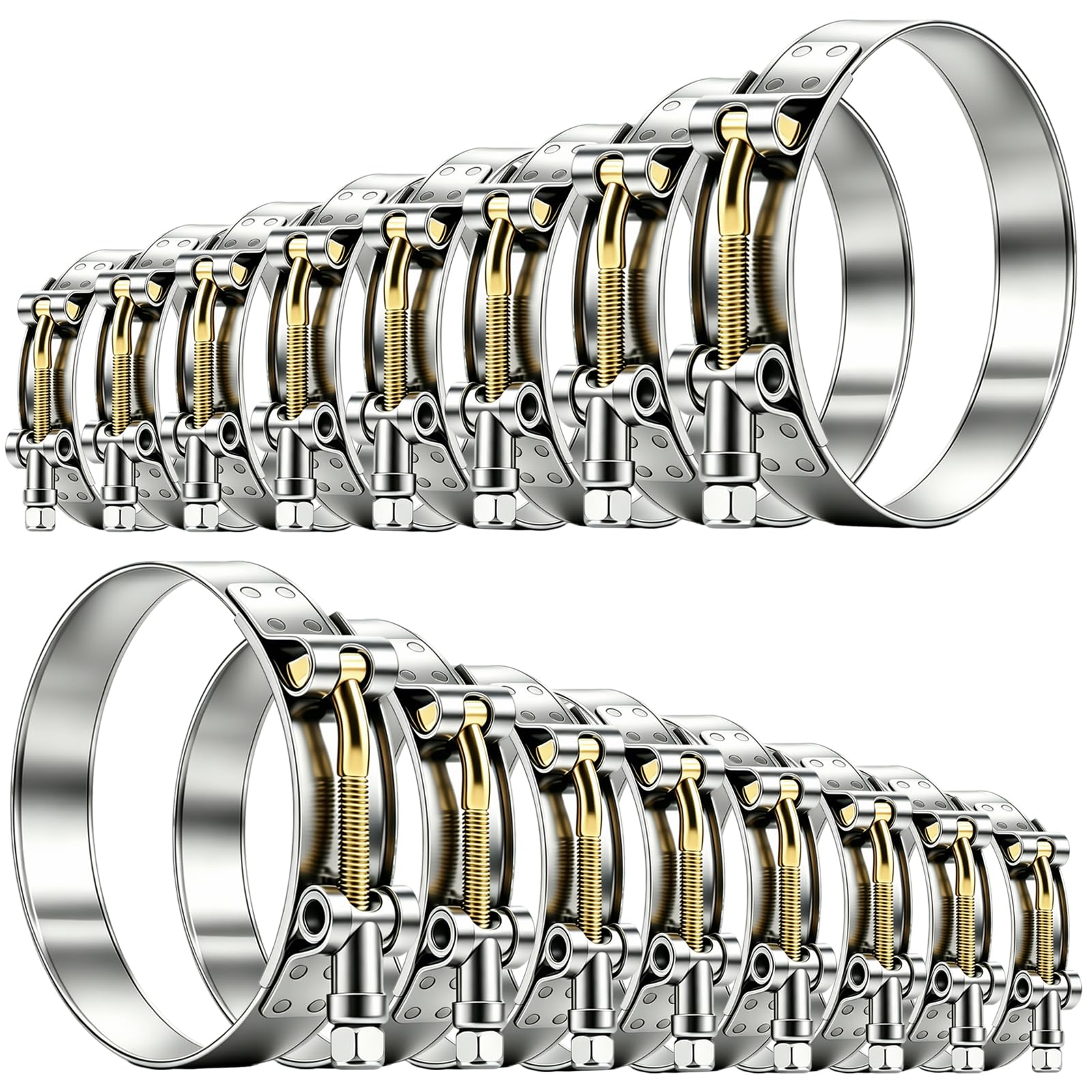 Tnisesm front view of 16-piece clamp kit showing sizes and packaging, easy selection benefit
