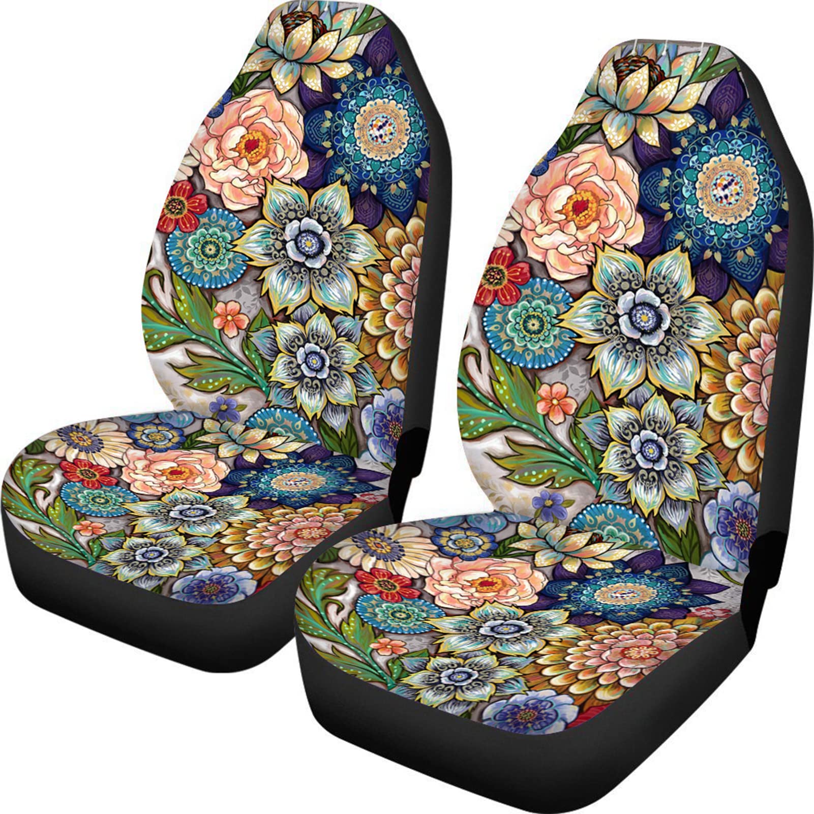 TOADDMOS front view packaging showing two boho floral seat covers and benefits