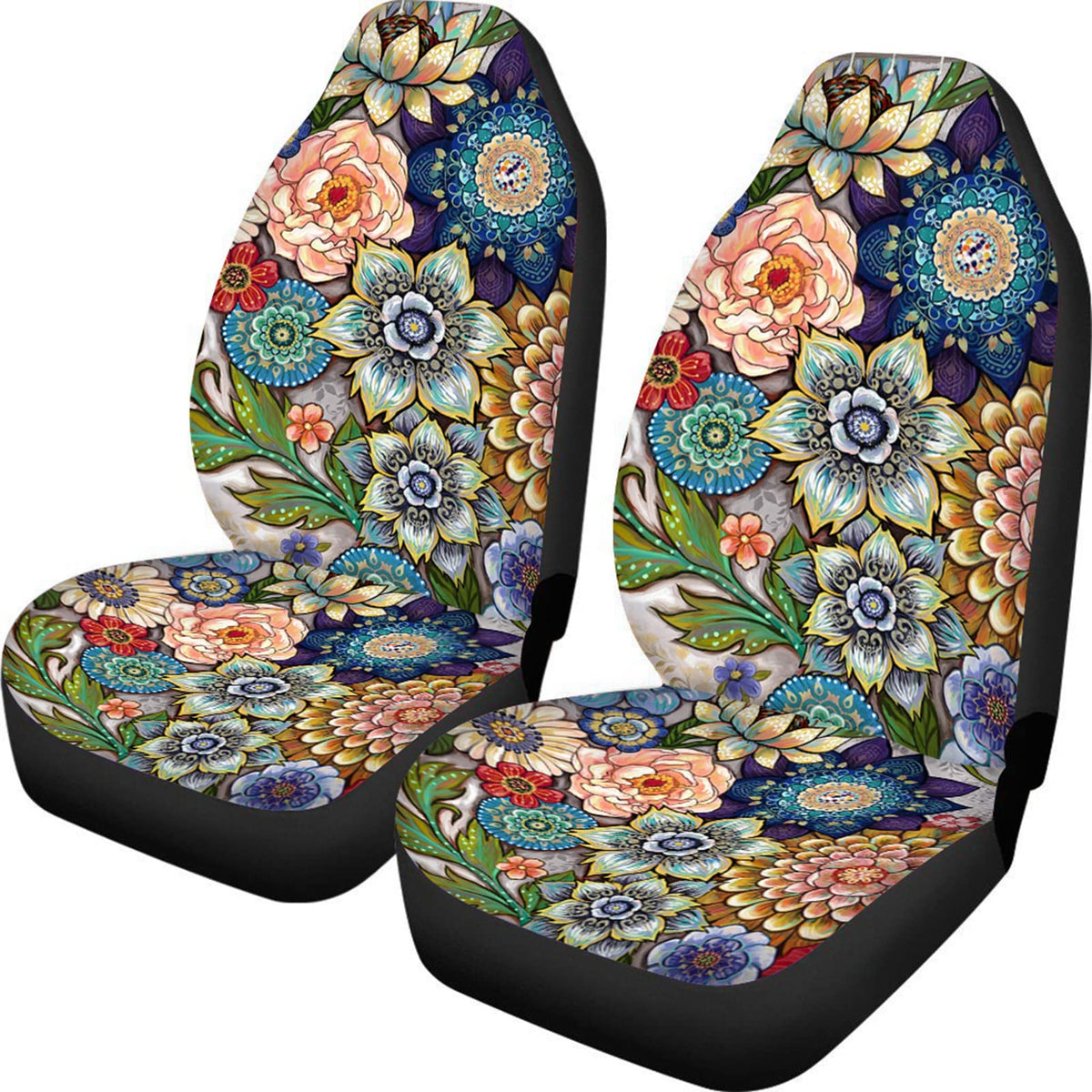 TOADDMOS front view packaging showing two boho floral seat covers and benefits