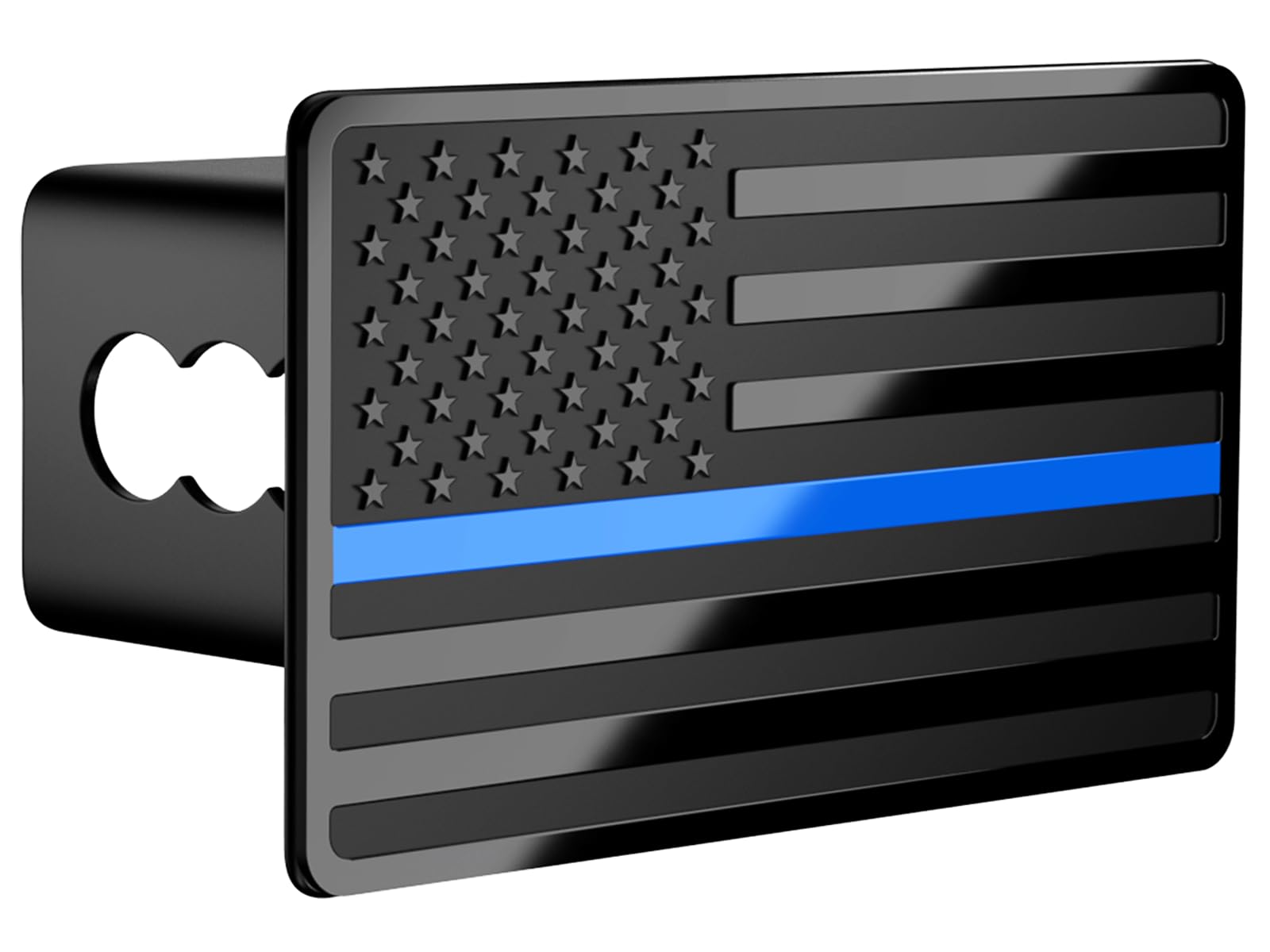 TOEASYTY front view of Blue Line flag hitch cover showing bold design and roadside appeal