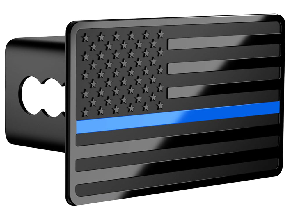 TOEASYTY front view of Blue Line flag hitch cover showing bold design and roadside appeal