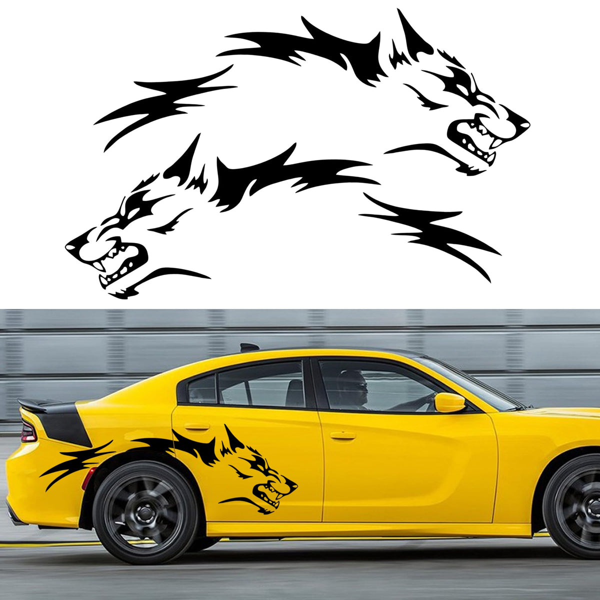 TOMALL front packaging showing two rolled wolf vinyl decals, highlights easy transport