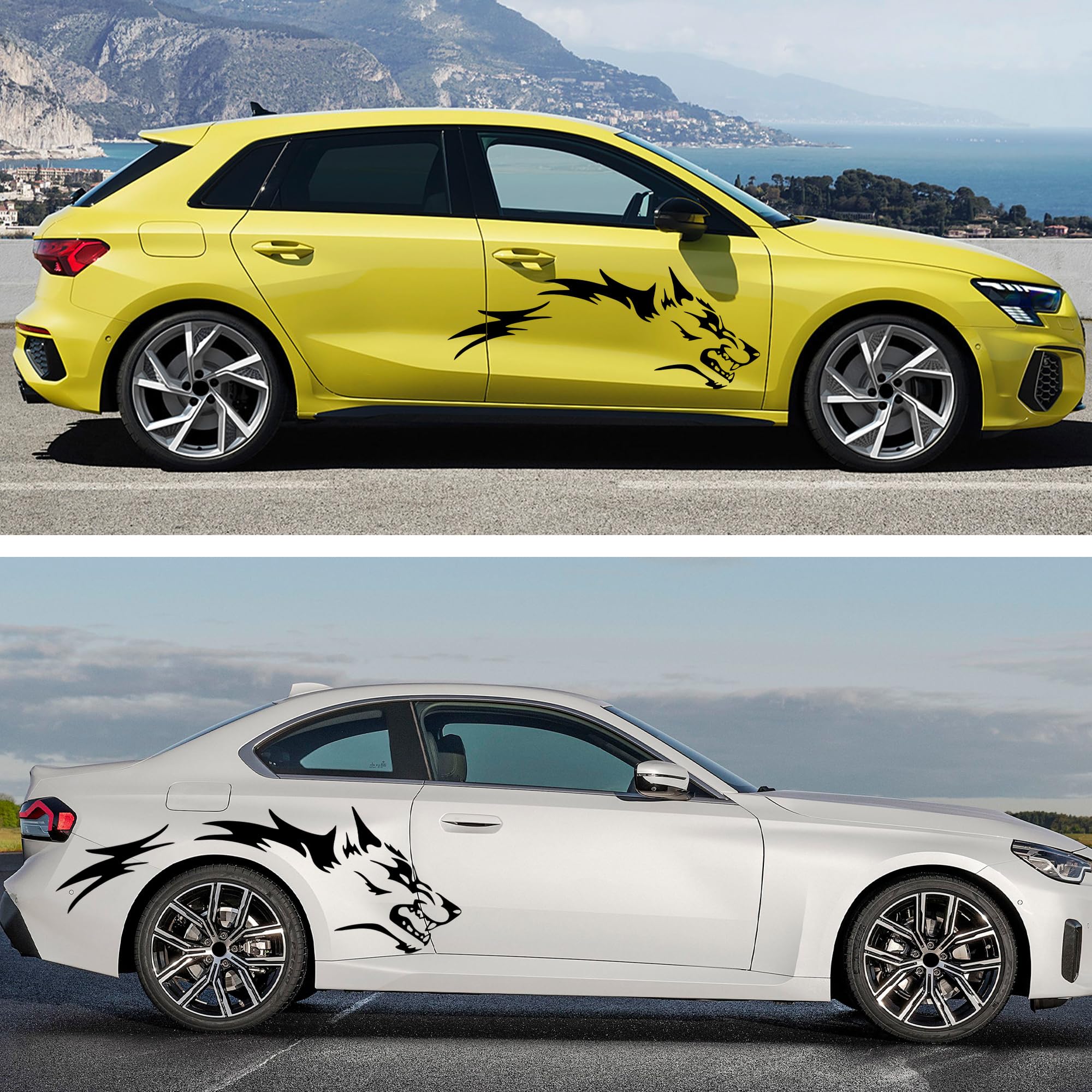 TOMALL on side body panel, shows how decal enhances sporty vehicle profile