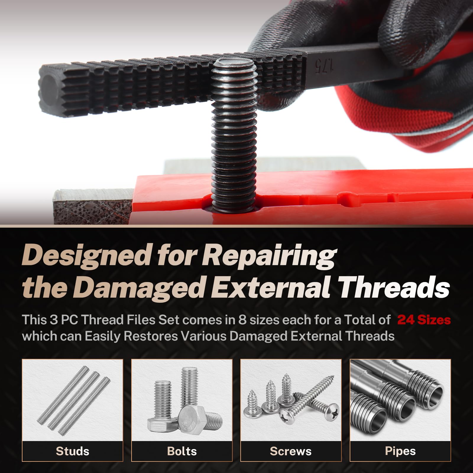 TOMMARS thread file with snap-on end cap for safer grip and protected cutting edges during handling