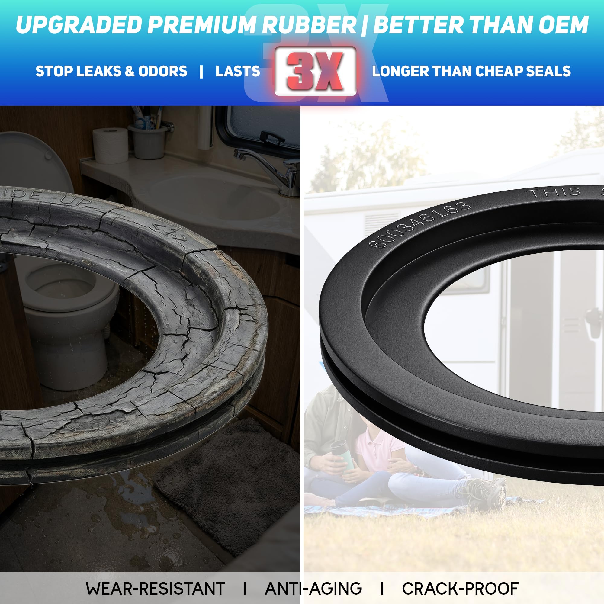 TOMOON seal installed on Dometic toilet showing leak-free fit benefit