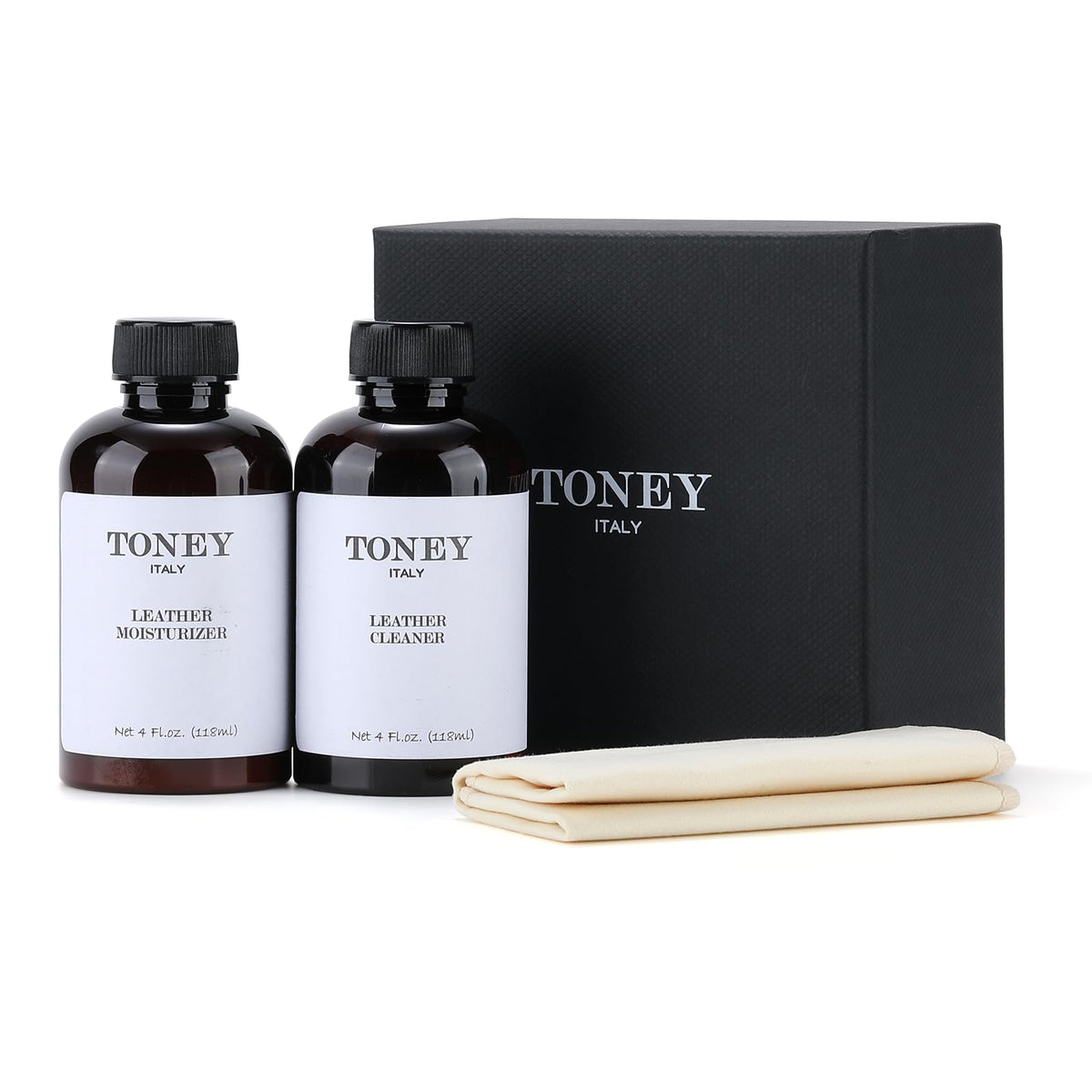 Toney Outdoors front packaging showing full leather care kit and benefits