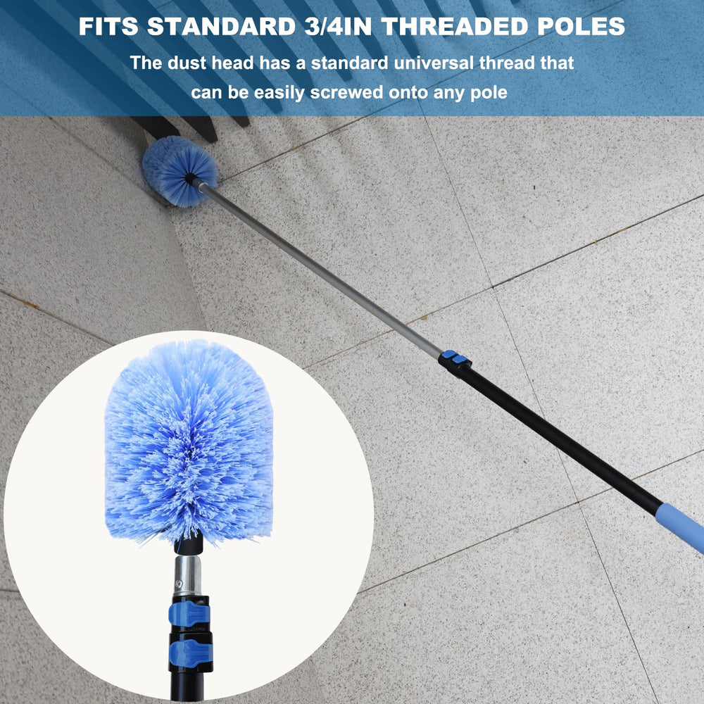 Tonmp duster attached to pole reaching high ceiling for ladder-free cleaning