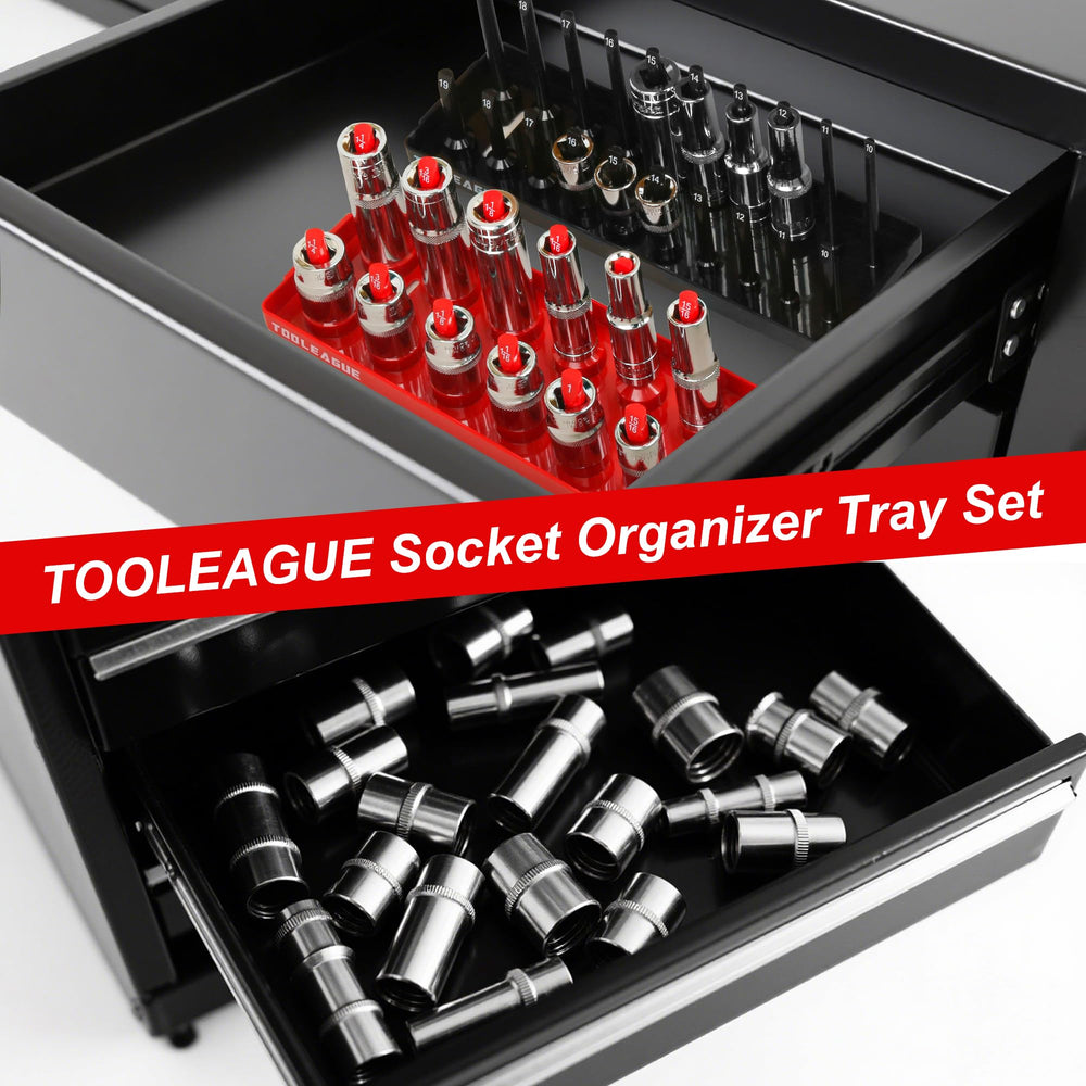 TOOLEAGUE socket trays filled in a toolbox drawer for fast access and organization
