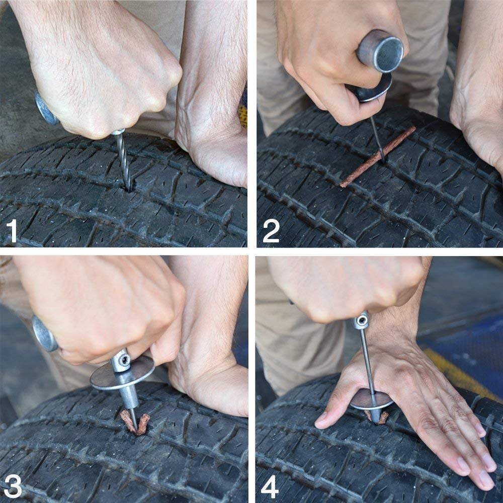 Tooluxe repair in use on car tire showing quick plug insertion for temporary seal