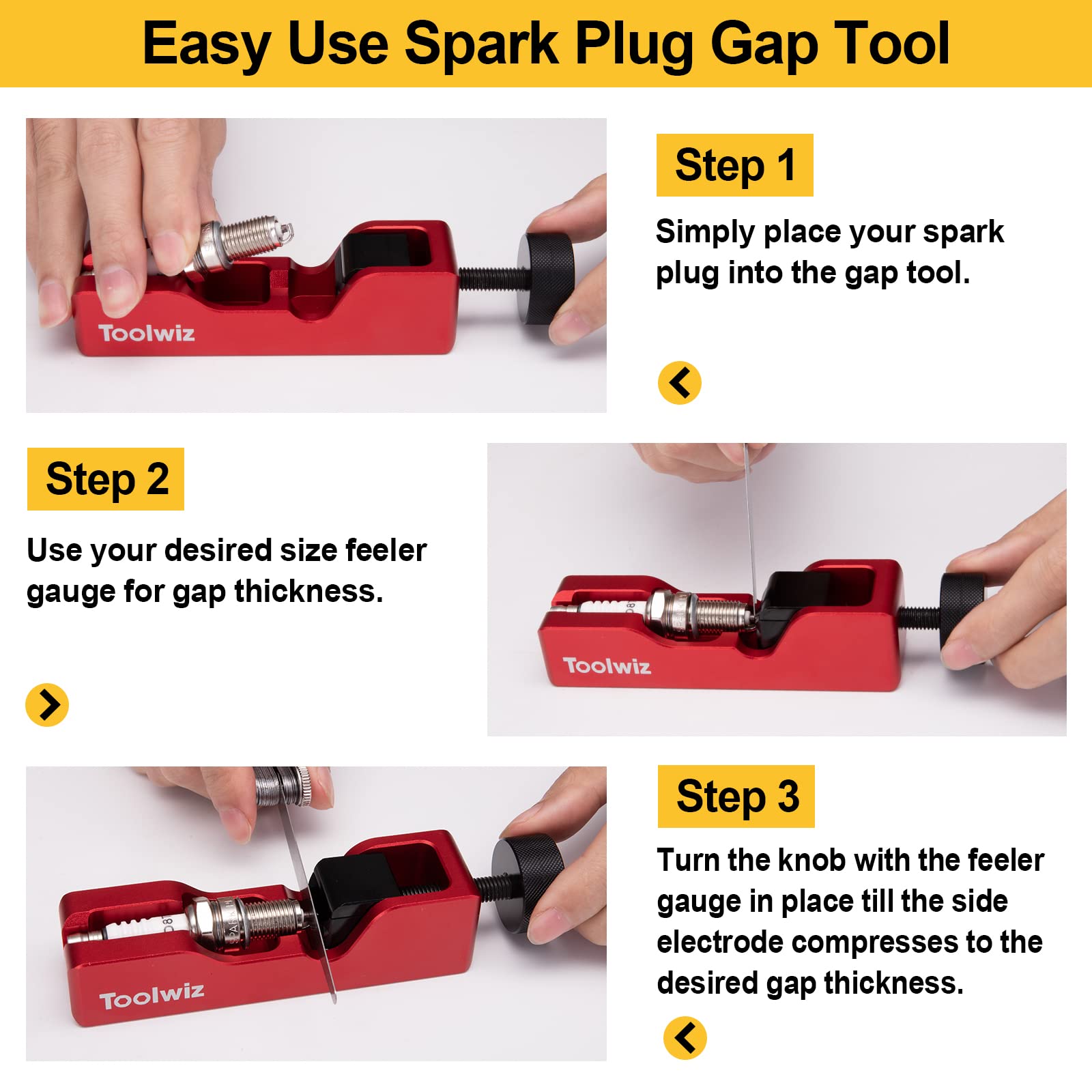 Toolwiz in use adjusting spark plug with feeler blade showing accurate gap setting benefit