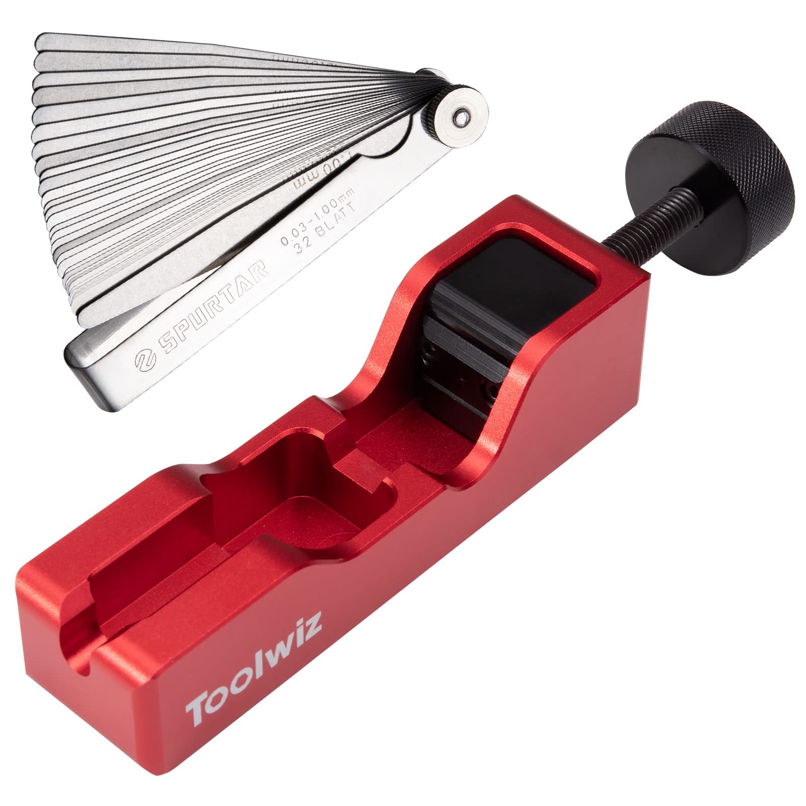 Toolwiz spark plug gap tool front view showing red body and cradle benefit: clear positioning