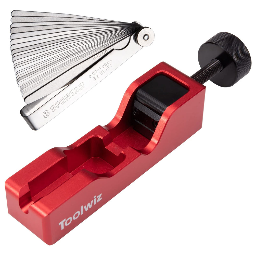 Toolwiz spark plug gap tool front view showing red body and cradle benefit: clear positioning