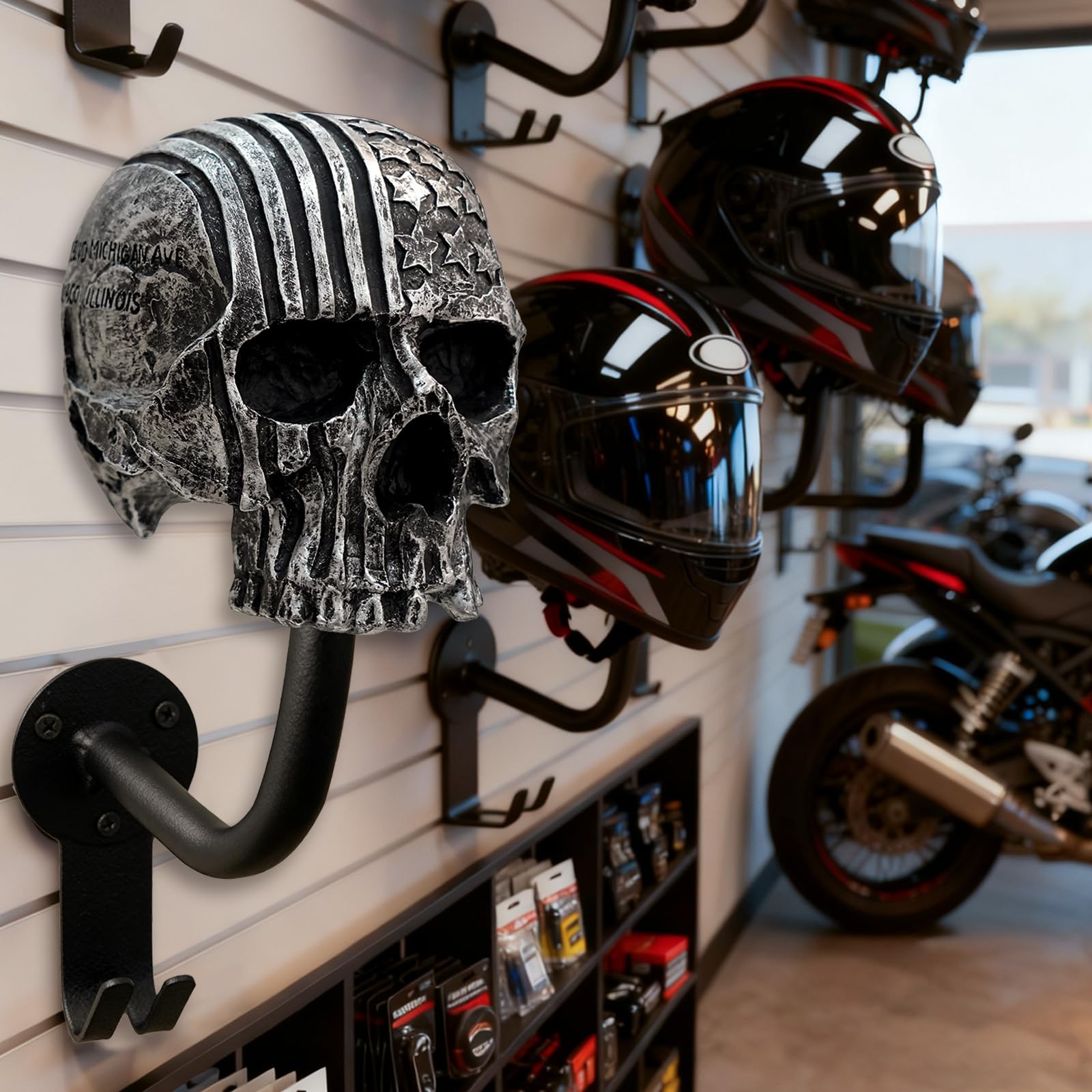 Tooyuart helmet on skull mount installed on wall demonstrating secure hold