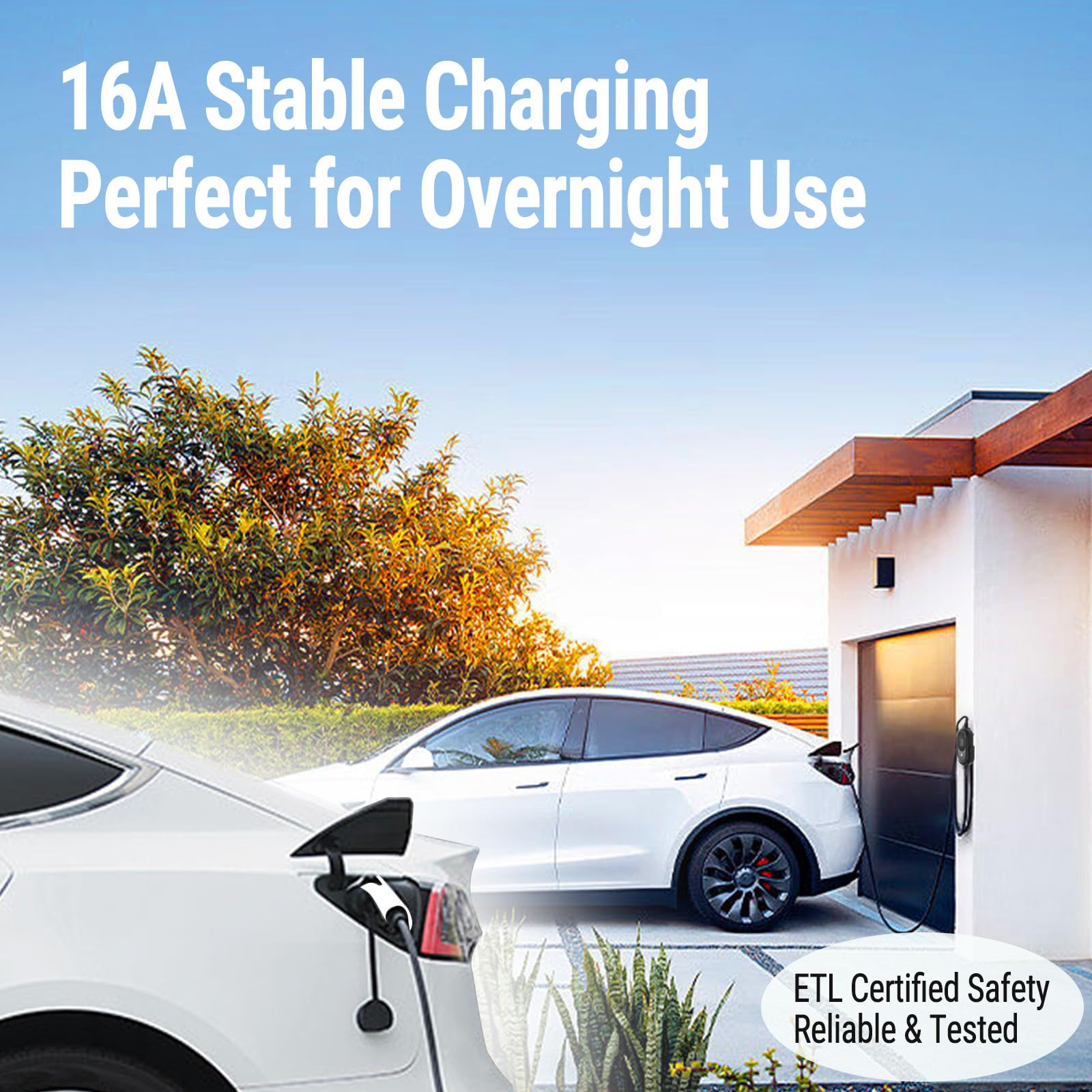 TopAutoGear charger plugged outdoors in rainy driveway demonstrating IP54 splash resistance
