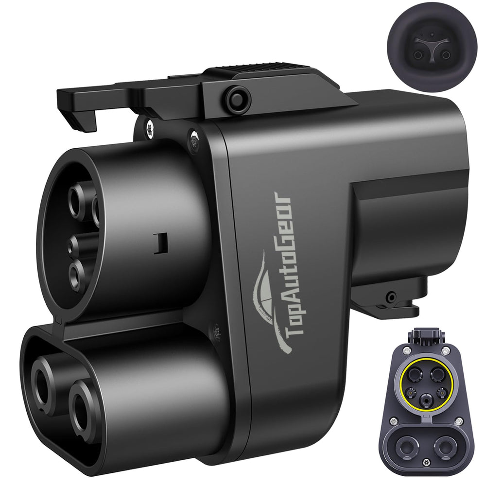TopAutoGear front view adapter showing sleek NACS to CCS1 design and fast access