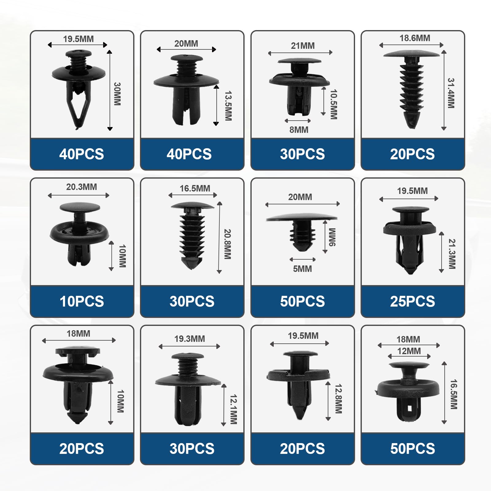 TOPCNOEM close-up of assorted clip sizes to match vehicle parts accurately