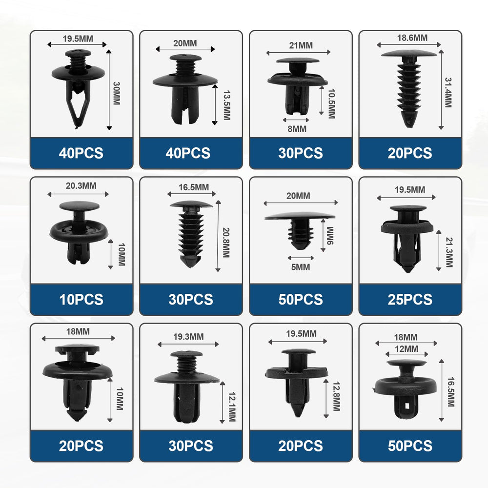 TOPCNOEM close-up of assorted clip sizes to match vehicle parts accurately