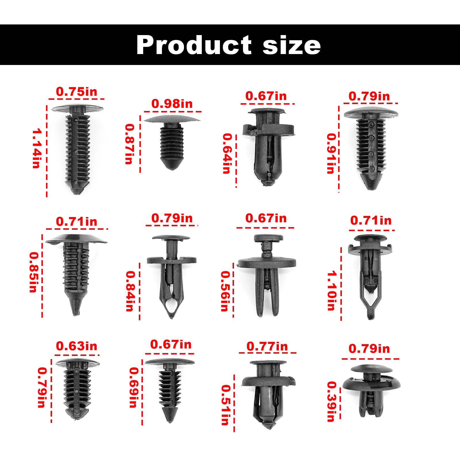 TOPCNOEM close-up of assorted push rivet heads and stems, helps identify correct clip