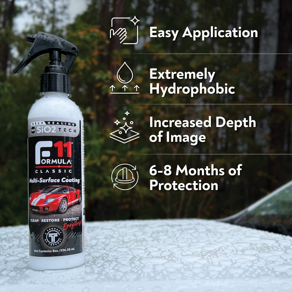 TopCoat F11 bottle on driveway next to vehicle highlighting finished shine, brand durable protection benefit
