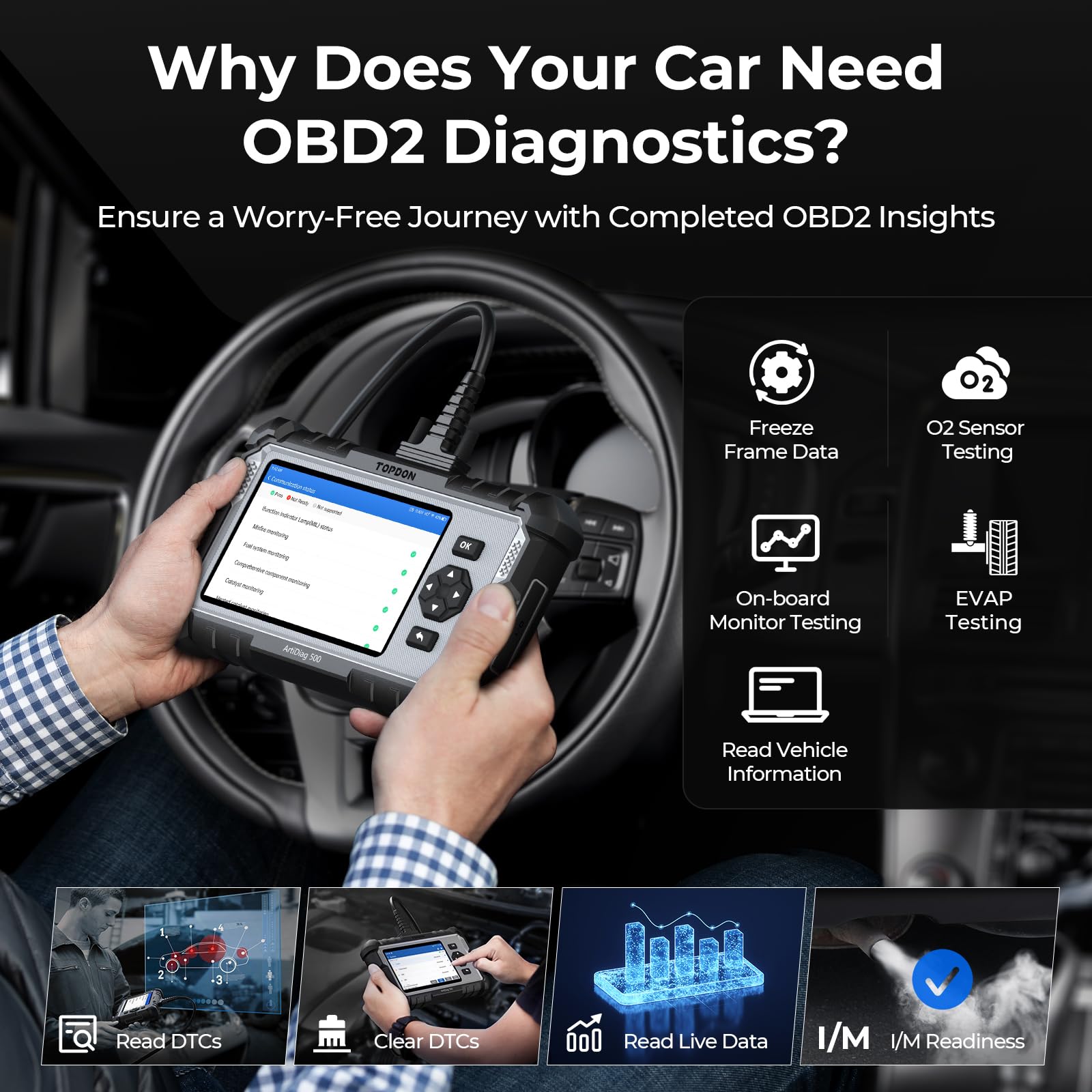 TOPDON AD500 plugged into car OBD2 port demonstrating in-vehicle usage benefit