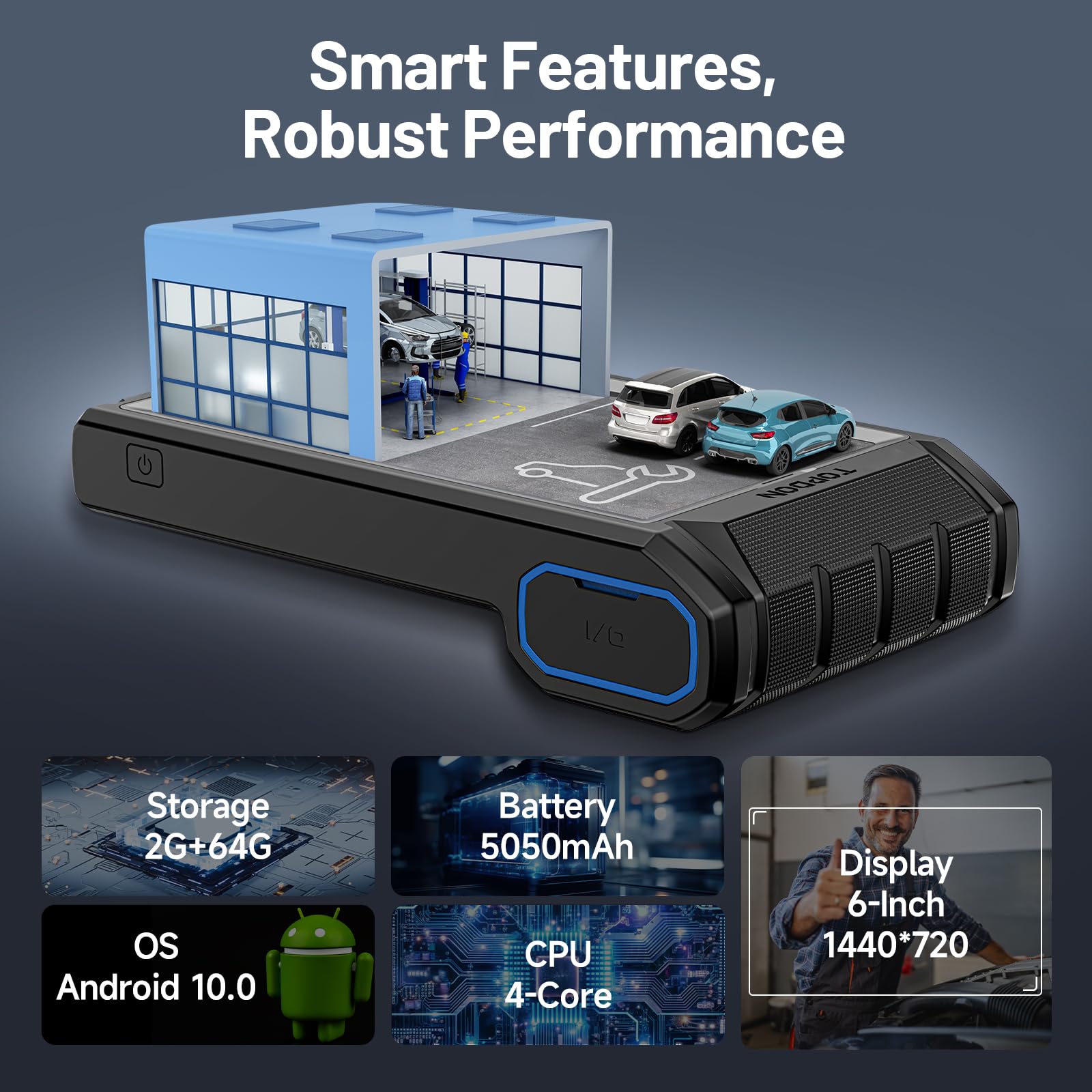 TOPDON AD800BT connected to car OBD port showing quick vehicle startup identification