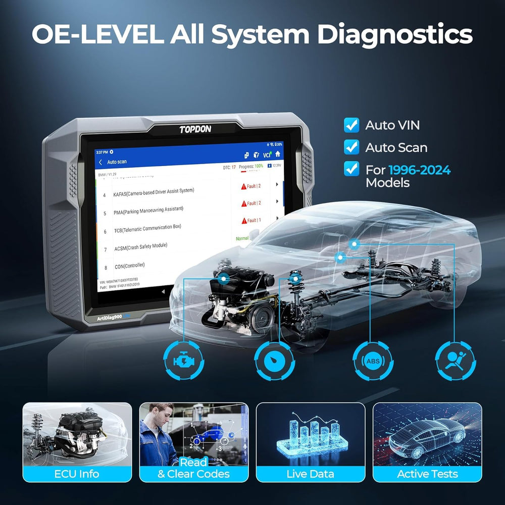 TOPDON AD900 Lite connected to vehicle OBD port demonstrating wired connectivity and testing