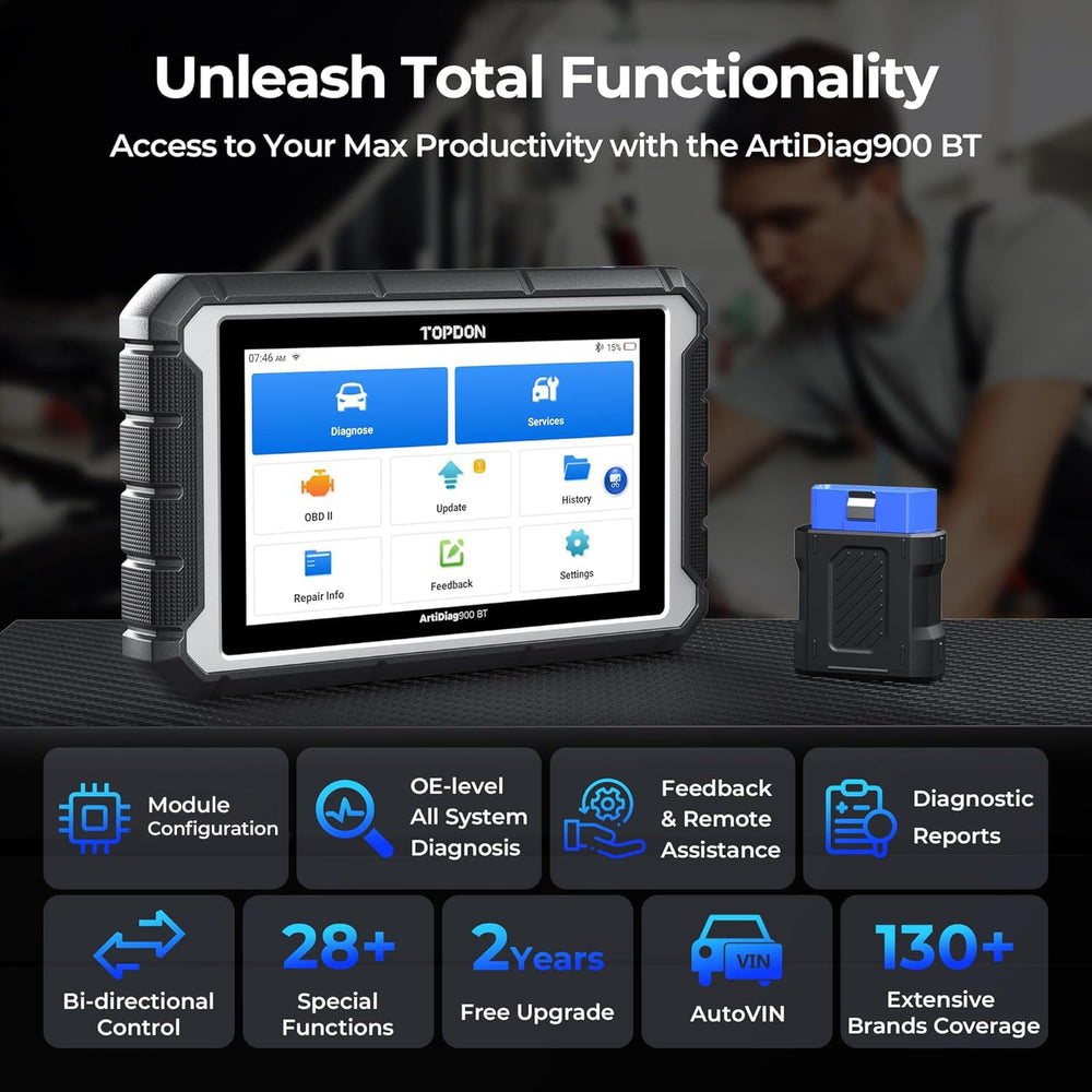 TOPDON AD900BT in use on a car for active testing and bidirectional commands
