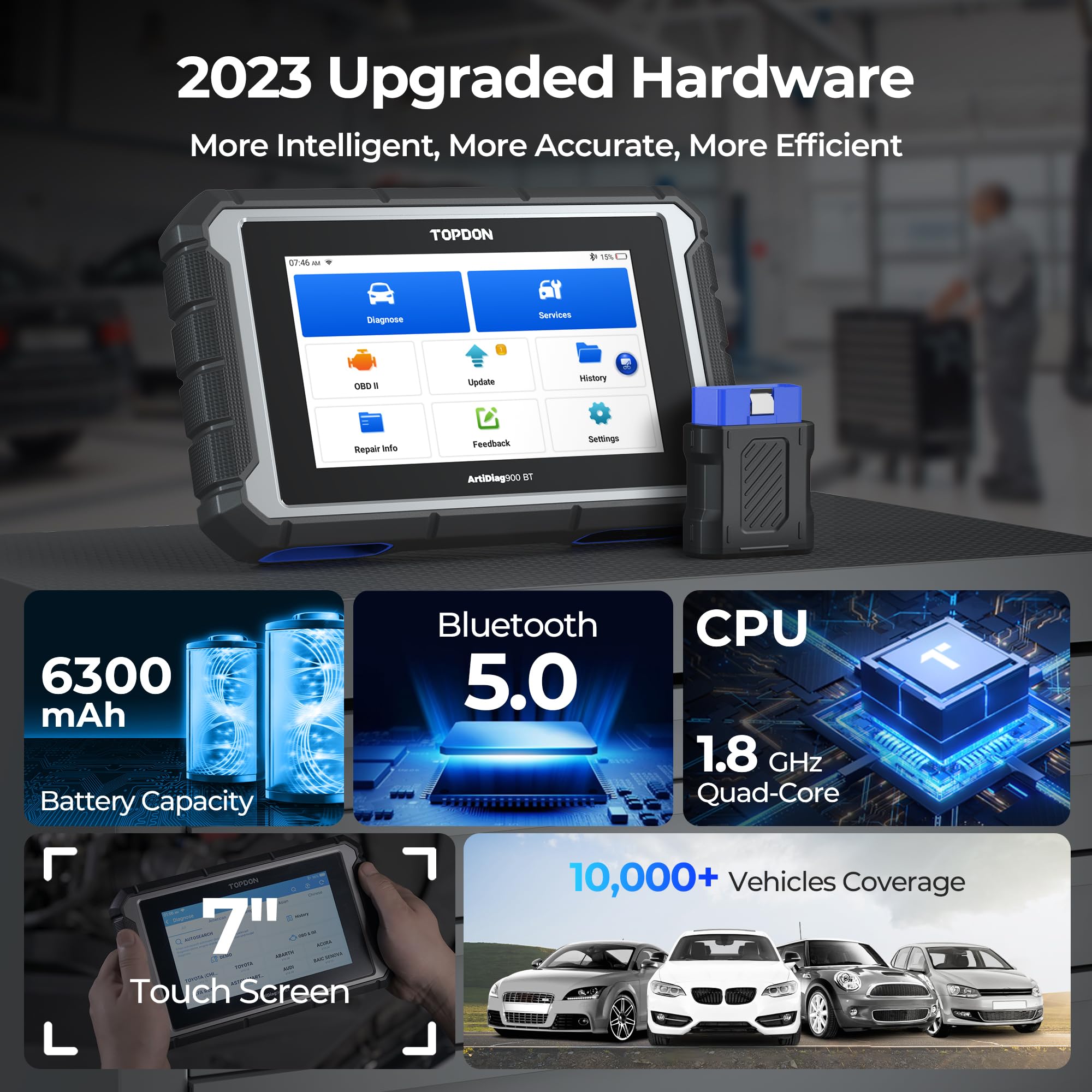 TOPDON AD900BT held in hand to show tablet size and workshop portability