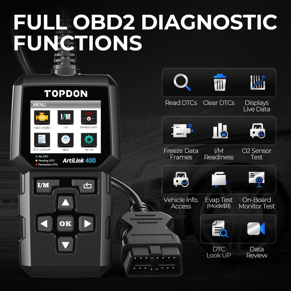 TOPDON AL400 back view and OBD2 port illustrating durable housing and plug fit