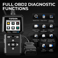 TOPDON AL400 back view and OBD2 port illustrating durable housing and plug fit