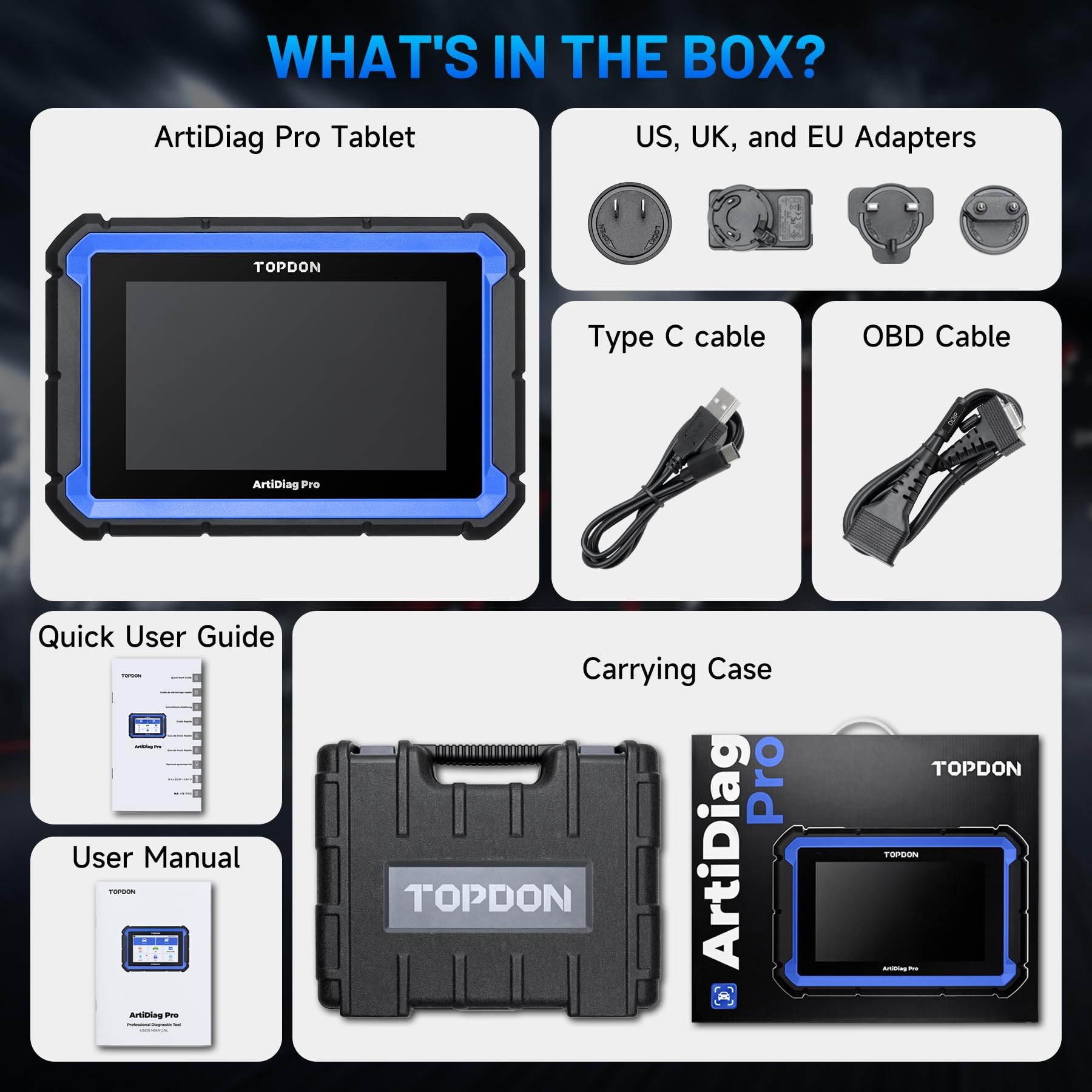 TOPDON ArtiDiag Pro in a garage setting with a car to illustrate professional diagnostic use