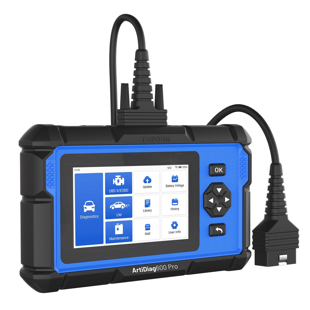 TOPDON ArtiDiag600 Pro held in hand for scale demonstrating portable, shop-ready size