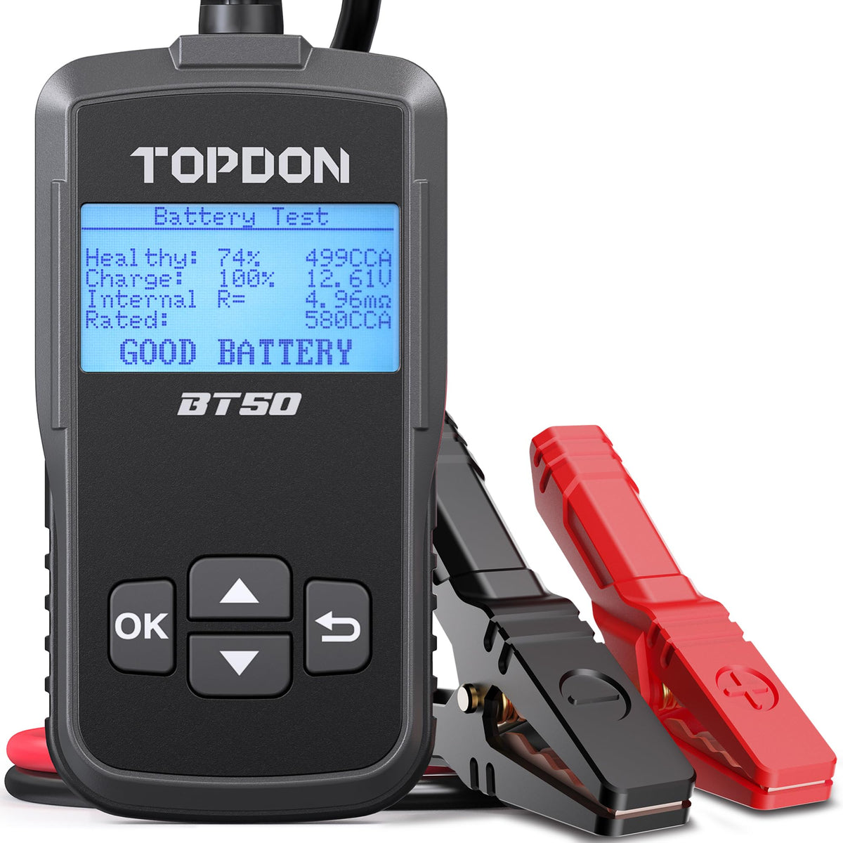TOPDON BT50 front panel view showing controls and compact design for easy testing