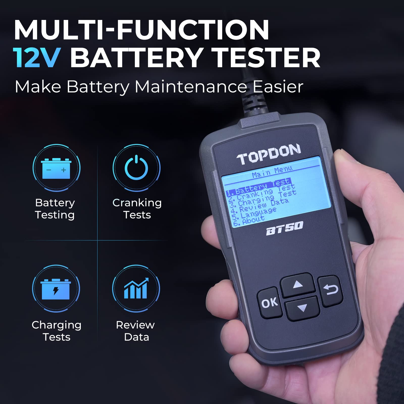 TOPDON BT50 bright LCD display showing test results quickly and clearly