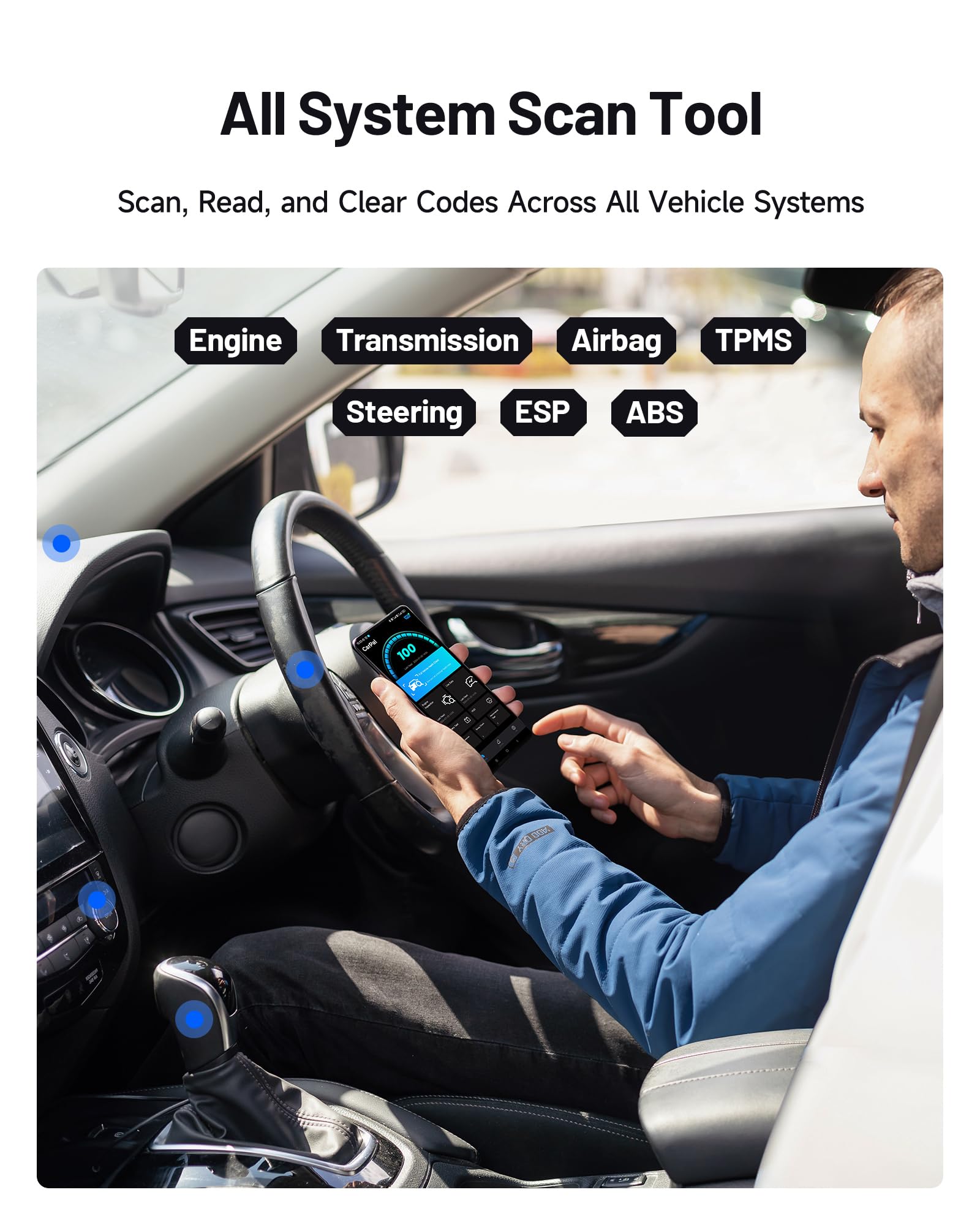 TOPDON CarPal plugged into vehicle OBD2 port illustrating easy vehicle access benefit