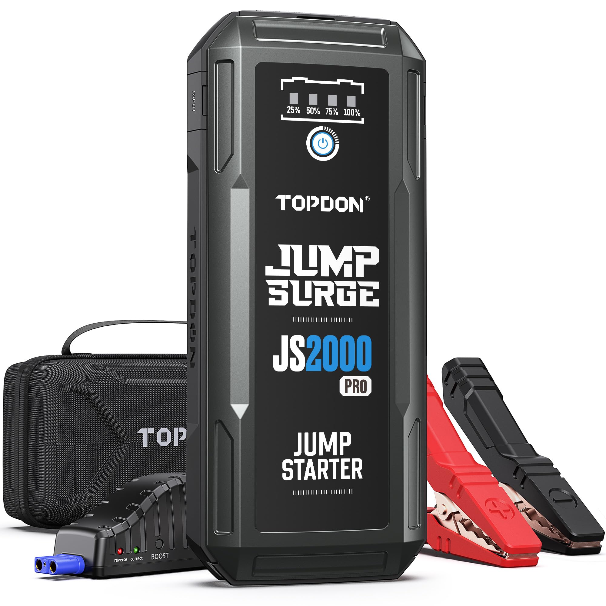 TOPDON JS2000Pro front view showing device and benefits for fast starts