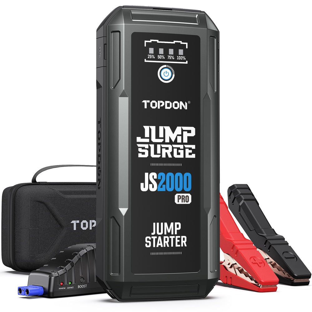 TOPDON JS2000Pro front view showing device and benefits for fast starts
