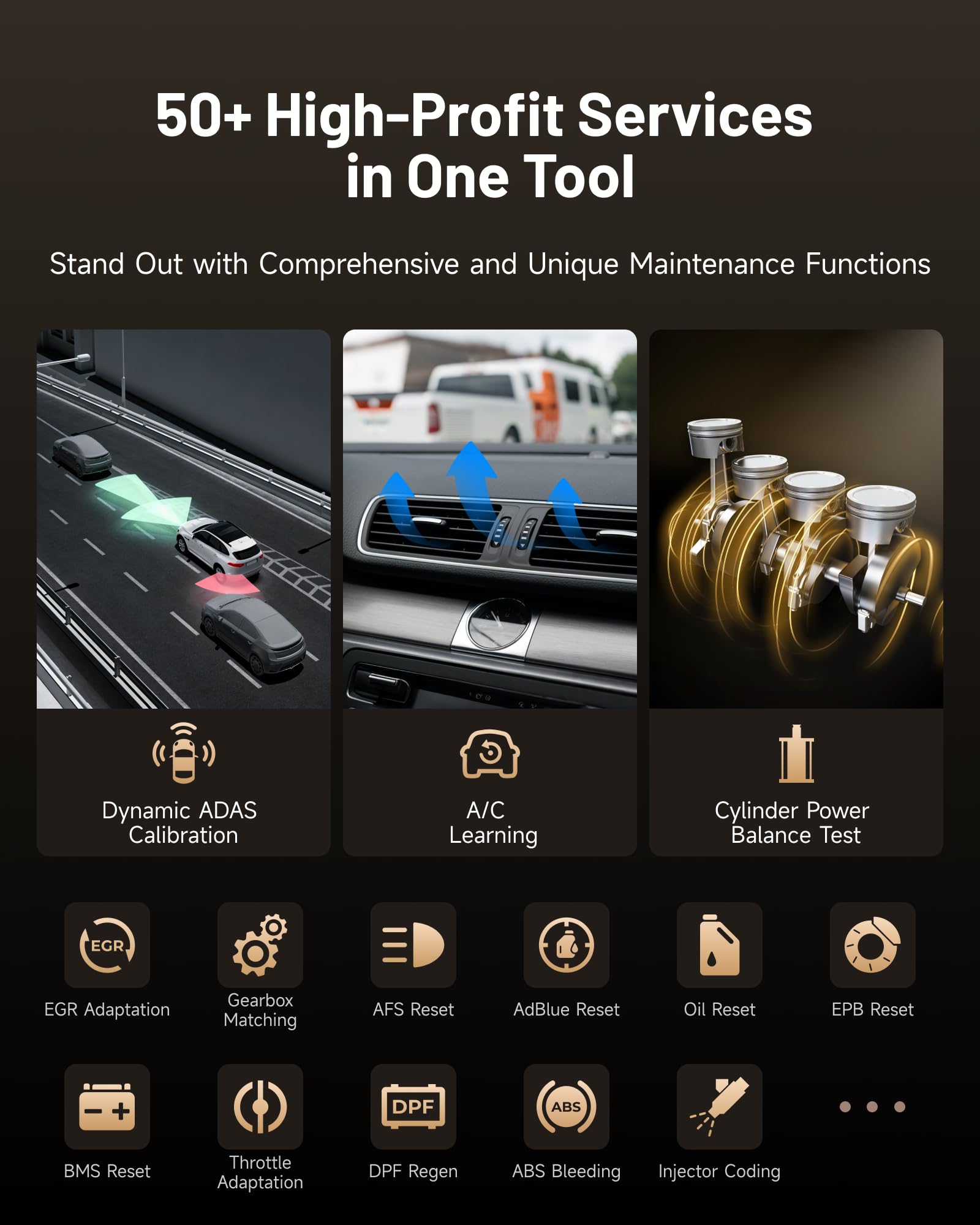 TOPDON ONE service menu closeup listing ADAS and DPF functions for shop revenue benefit