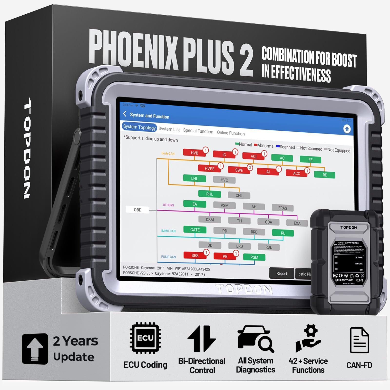 TOPDON Phoenix Plus 2 front display showing diagnostics and fast results