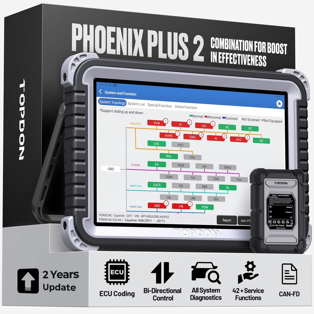 TOPDON Phoenix Plus 2 front display showing diagnostics and fast results