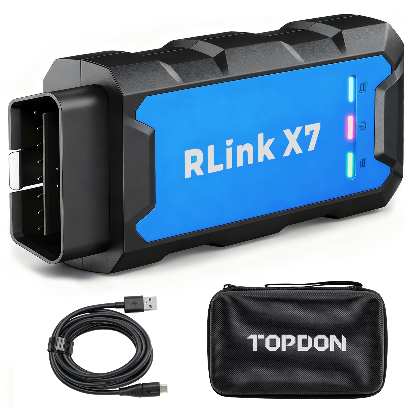 TOPDON RLink X7 front view showing compact VCI and status LEDs for reliable diagnostics