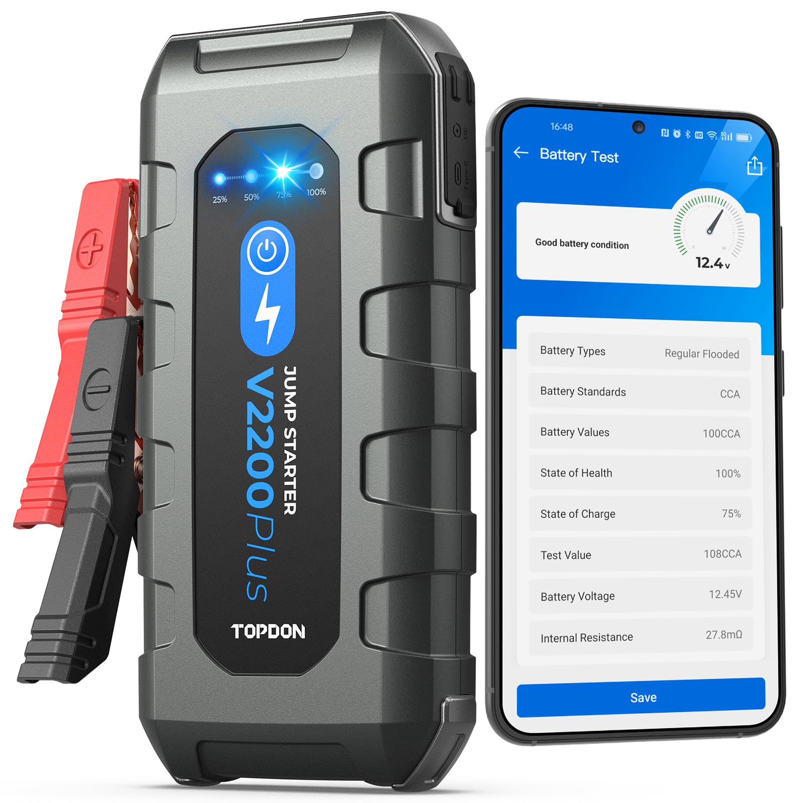 TOPDON V2200Plus front view showing compact starter and rugged case for dependable use