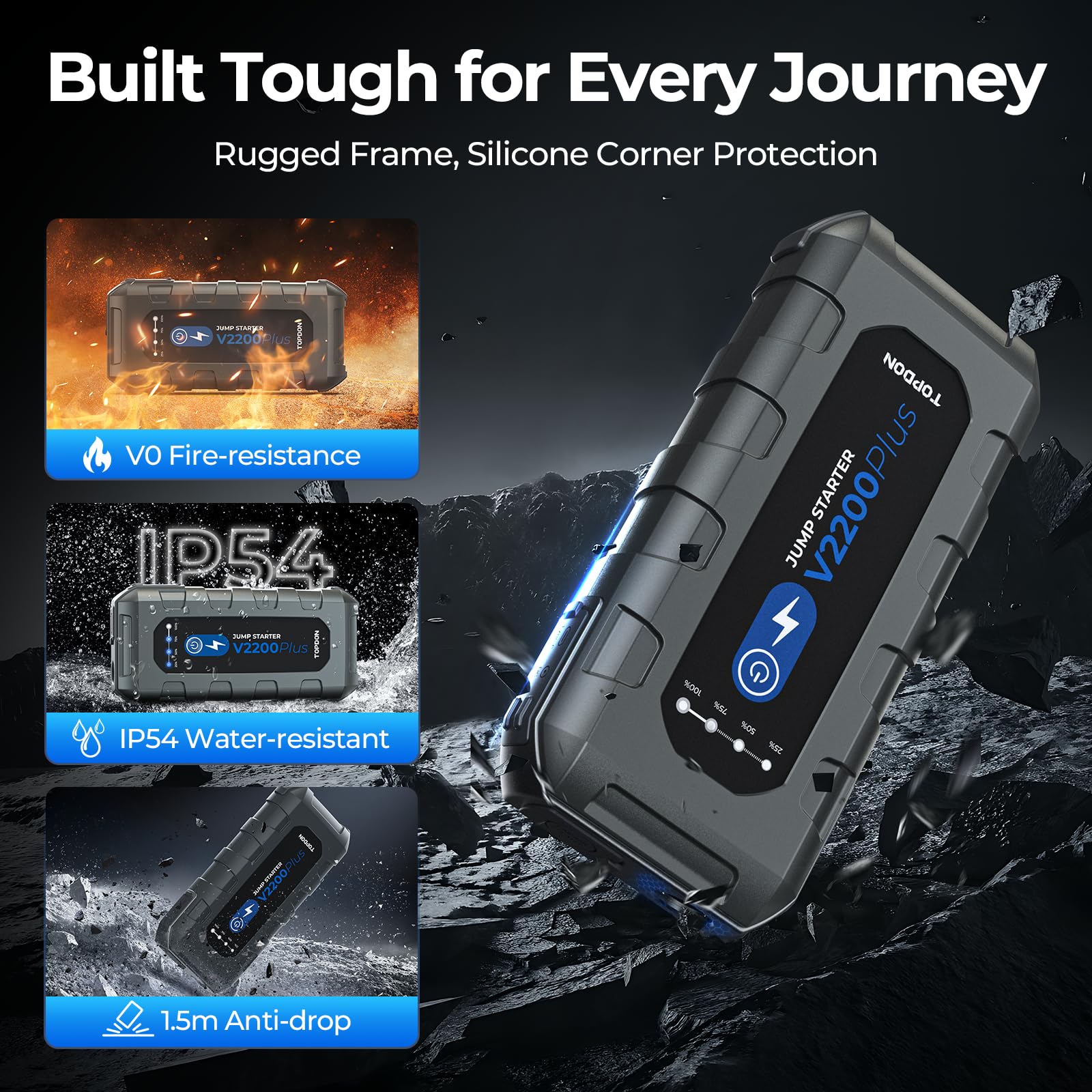 TOPDON V2200Plus connected to a car battery demonstrating quick jump-start benefit